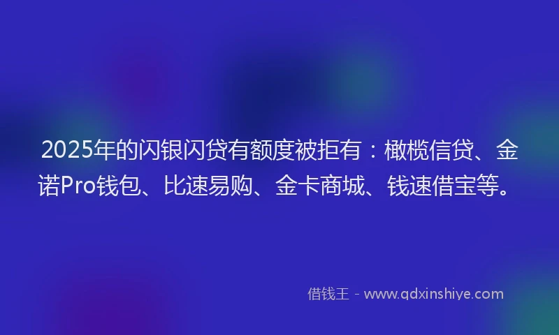 2025年的闪银闪贷有额度被拒有：橄榄信贷、金诺Pro钱包、比速易购、金卡商城、钱速借宝等。