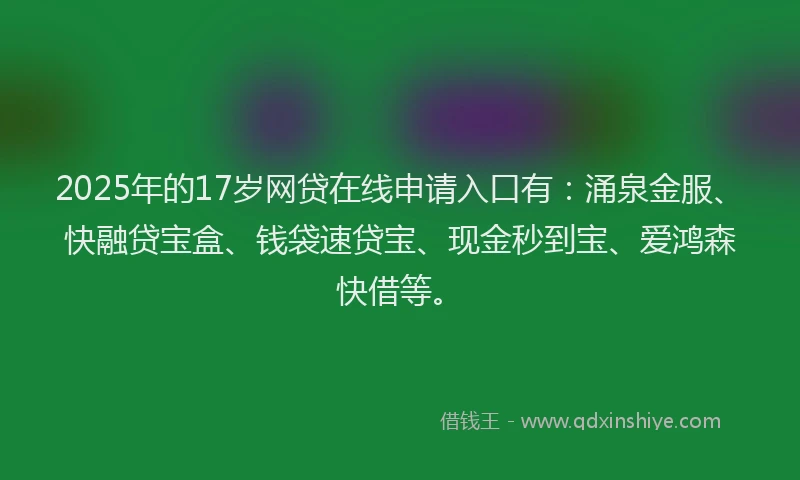 2025年的17岁网贷在线申请入口有：涌泉金服、快融贷宝盒、钱袋速贷宝、现金秒到宝、爱鸿森快借等。