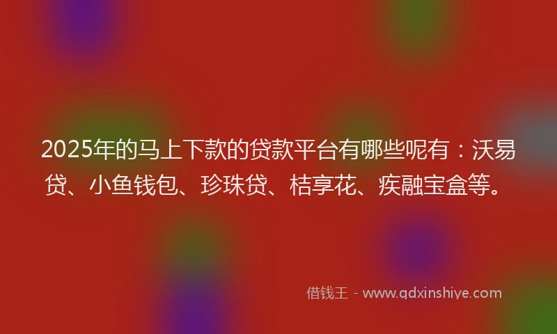 2025年的马上下款的贷款平台有哪些呢有：沃易贷、小鱼钱包、珍珠贷、桔享花、疾融宝盒等。