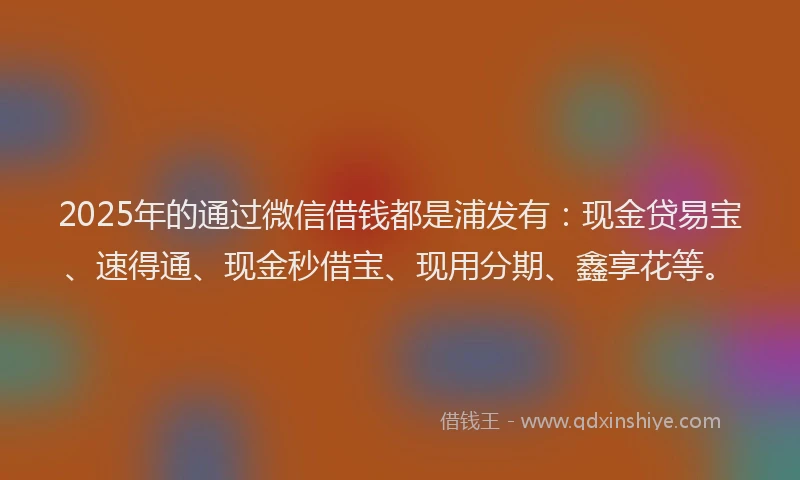 2025年的通过微信借钱都是浦发有：现金贷易宝、速得通、现金秒借宝、现用分期、鑫享花等。