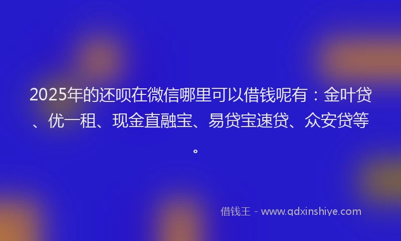 2025年的还呗在微信哪里可以借钱呢有：金叶贷、优一租、现金直融宝、易贷宝速贷、众安贷等。