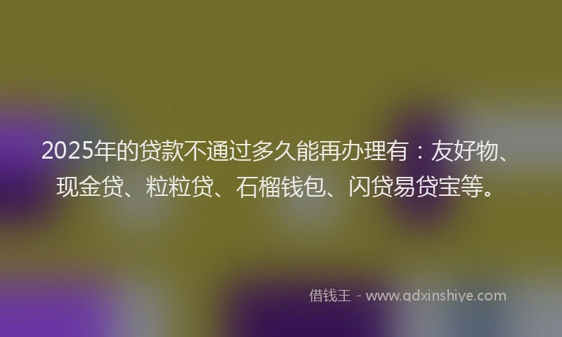 2025年的贷款不通过多久能再办理有：友好物、现金贷、粒粒贷、石榴钱包、闪贷易贷宝等。