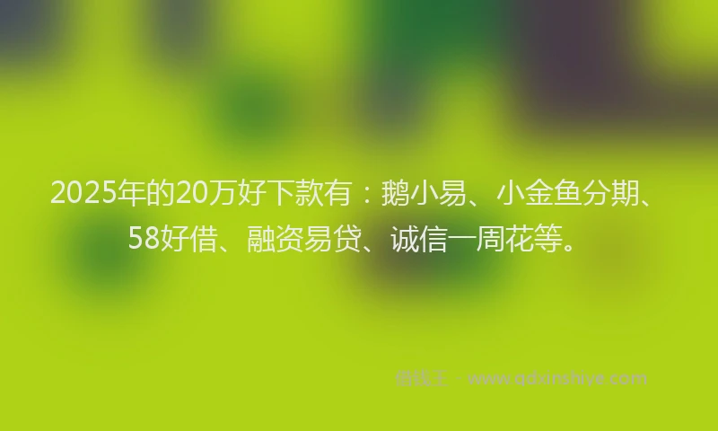 2025年的20万好下款有：鹅小易、小金鱼分期、58好借、融资易贷、诚信一周花等。