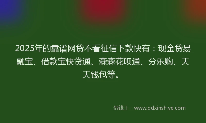 2025年的靠谱网贷不看征信下款快有：现金贷易融宝、借款宝快贷通、森森花呗通、分乐购、天天钱包等。