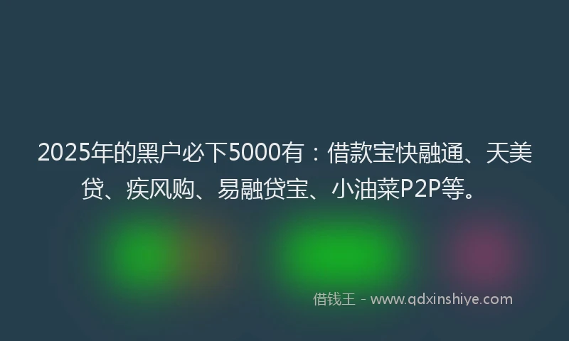 2025年的黑户必下5000有：借款宝快融通、天美贷、疾风购、易融贷宝、小油菜P2P等。