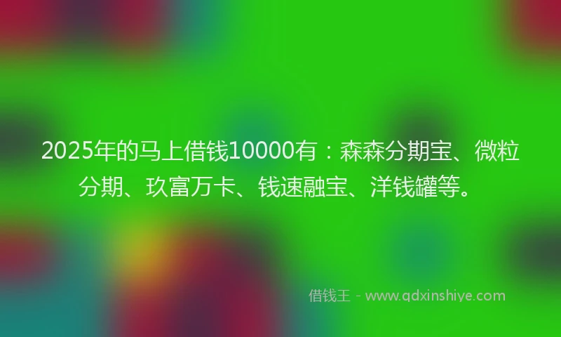 2025年的马上借钱10000有：森森分期宝、微粒分期、玖富万卡、钱速融宝、洋钱罐等。