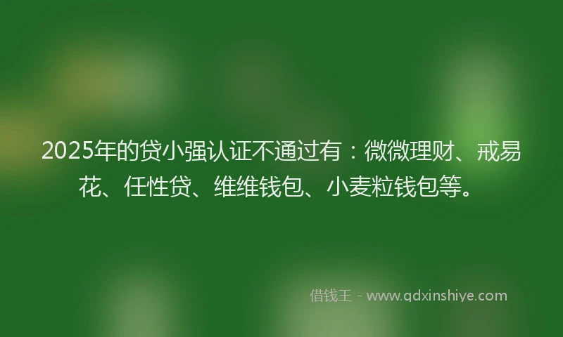 2025年的贷小强认证不通过有：微微理财、戒易花、任性贷、维维钱包、小麦粒钱包等。