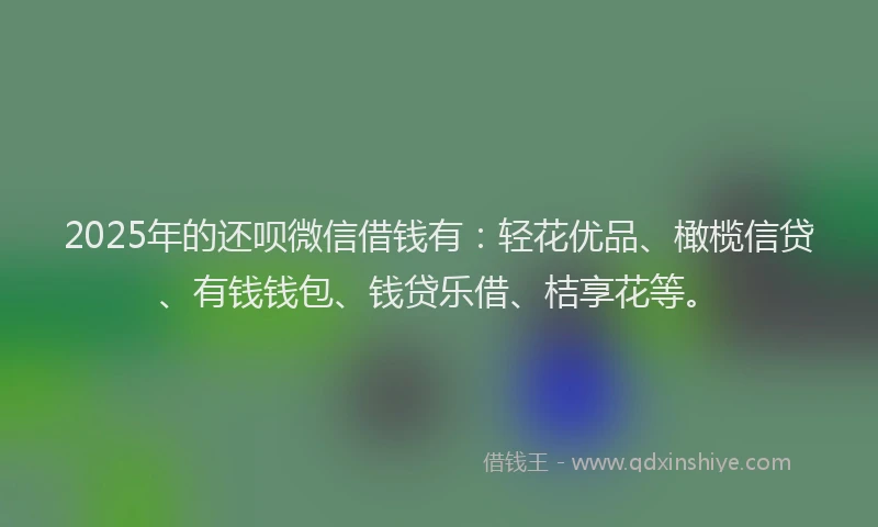 2025年的还呗微信借钱有：轻花优品、橄榄信贷、有钱钱包、钱贷乐借、桔享花等。