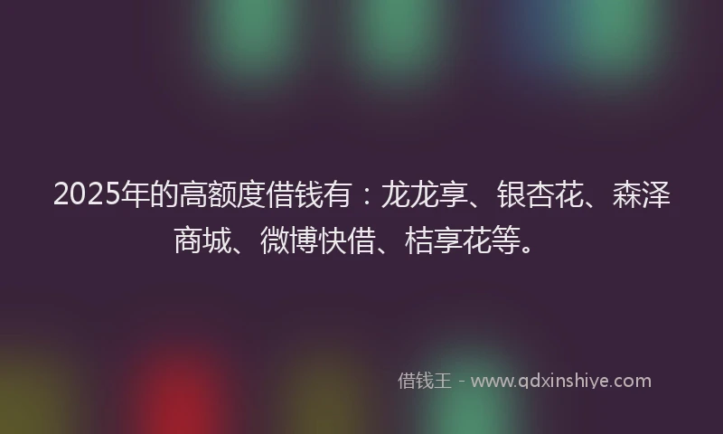 2025年的高额度借钱有：龙龙享、银杏花、森泽商城、微博快借、桔享花等。