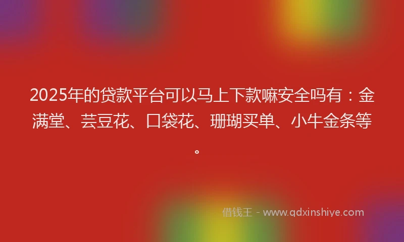 2025年的贷款平台可以马上下款嘛安全吗有：金满堂、芸豆花、口袋花、珊瑚买单、小牛金条等。