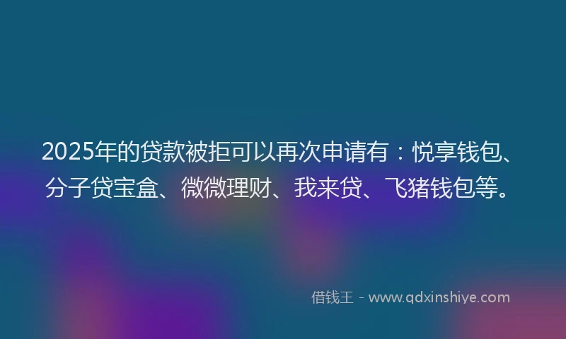 2025年的贷款被拒可以再次申请有：悦享钱包、分子贷宝盒、微微理财、我来贷、飞猪钱包等。