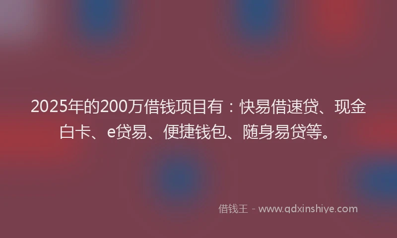 2025年的200万借钱项目有：快易借速贷、现金白卡、e贷易、便捷钱包、随身易贷等。