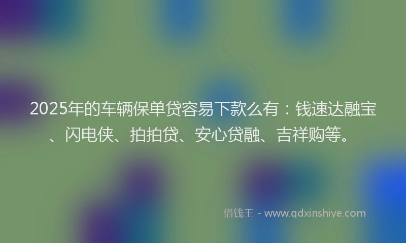 2025年的车辆保单贷容易下款么有：钱速达融宝、闪电侠、拍拍贷、安心贷融、吉祥购等。