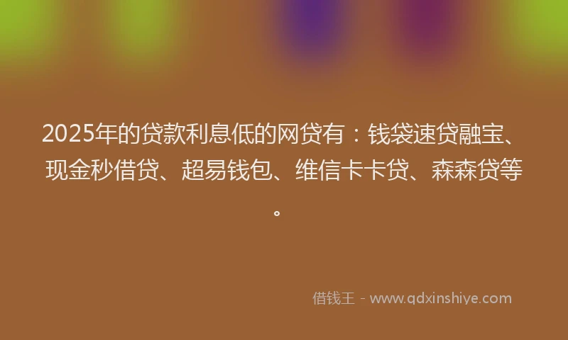 2025年的贷款利息低的网贷有：钱袋速贷融宝、现金秒借贷、超易钱包、维信卡卡贷、森森贷等。