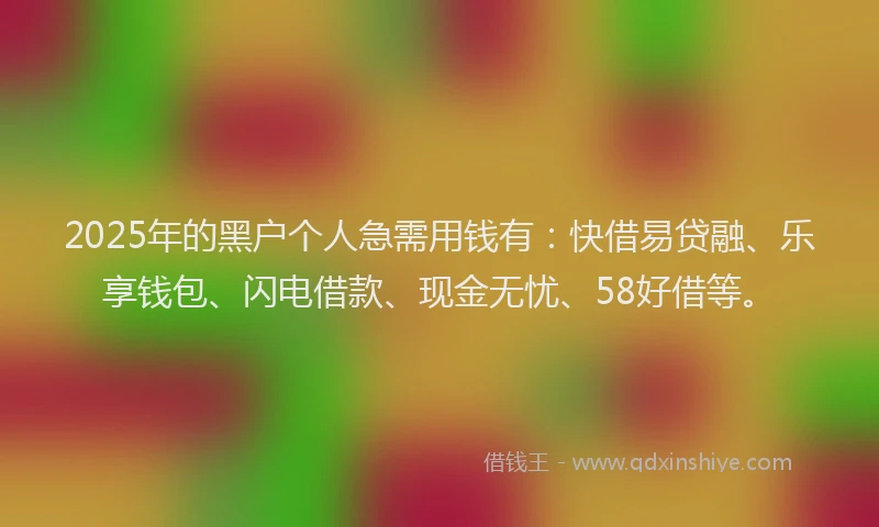2025年的黑户个人急需用钱有：快借易贷融、乐享钱包、闪电借款、现金无忧、58好借等。