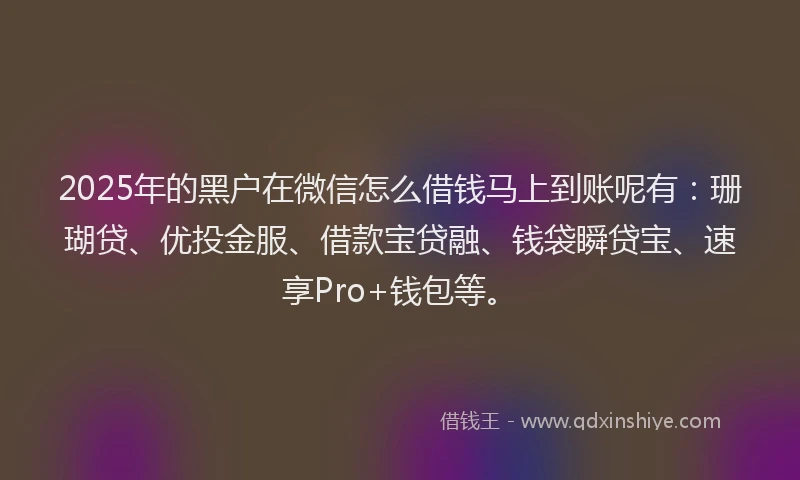 2025年的黑户在微信怎么借钱马上到账呢有：珊瑚贷、优投金服、借款宝贷融、钱袋瞬贷宝、速享Pro+钱包等。