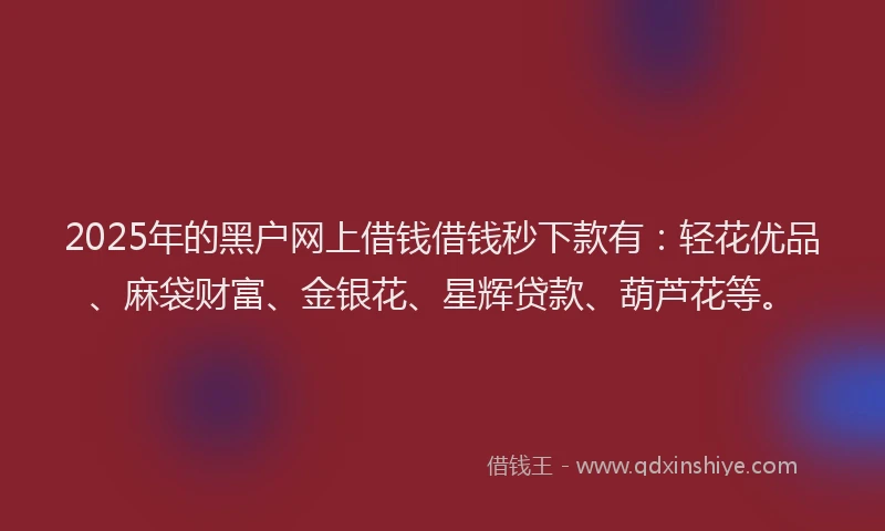 2025年的黑户网上借钱借钱秒下款有：轻花优品、麻袋财富、金银花、星辉贷款、葫芦花等。