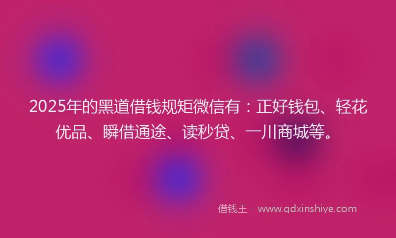 2025年的黑道借钱规矩微信有：正好钱包、轻花优品、瞬借通途、读秒贷、一川商城等。