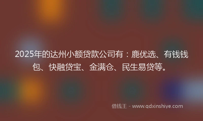 2025年的达州小额贷款公司有：鹿优选、有钱钱包、快融贷宝、金满仓、民生易贷等。