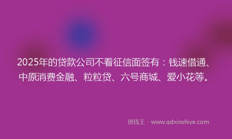 2025年的贷款公司不看征信面签有：钱速借通、中原消费金融、粒粒贷、六号商城、爱小花等。