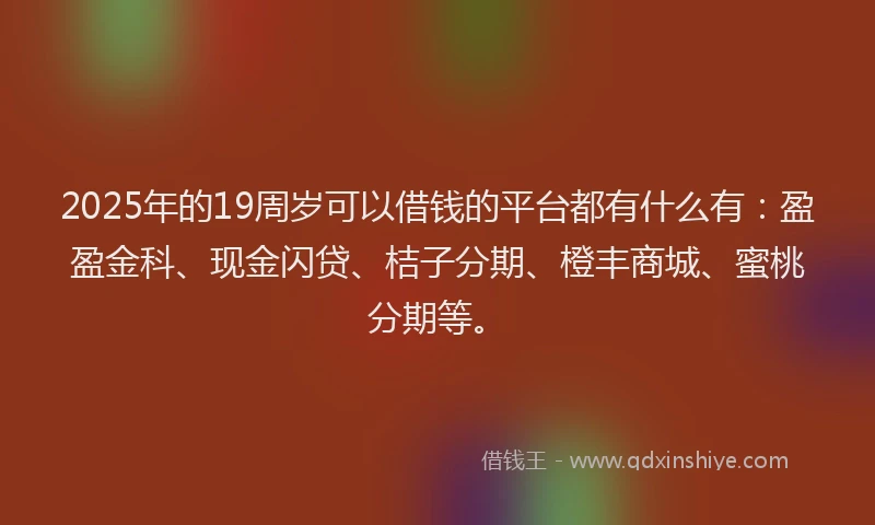 2025年的19周岁可以借钱的平台都有什么有：盈盈金科、现金闪贷、桔子分期、橙丰商城、蜜桃分期等。