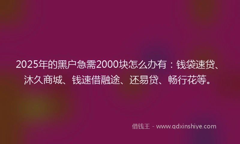2025年的黑户急需2000块怎么办有：钱袋速贷、沐久商城、钱速借融途、还易贷、畅行花等。