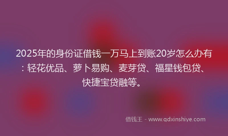 2025年的身份证借钱一万马上到账20岁怎么办有：轻花优品、萝卜易购、麦芽贷、福星钱包贷、快捷宝贷融等。