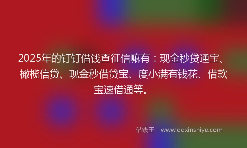 2025年的钉钉借钱查征信嘛有：现金秒贷通宝、橄榄信贷、现金秒借贷宝、度小满有钱花、借款宝速借通等。