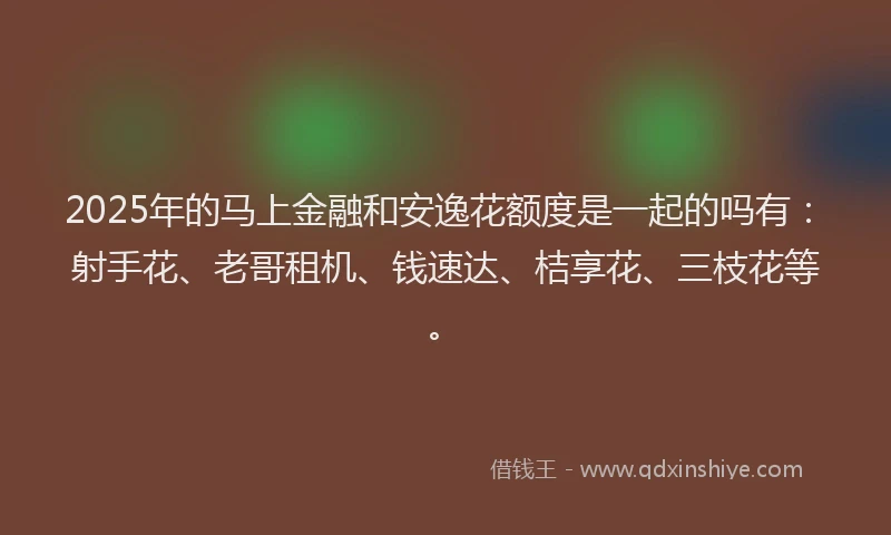 2025年的马上金融和安逸花额度是一起的吗有：射手花、老哥租机、钱速达、桔享花、三枝花等。