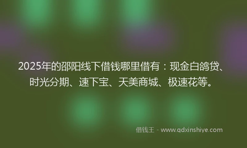 2025年的邵阳线下借钱哪里借有：现金白鸽贷、时光分期、速下宝、天美商城、极速花等。