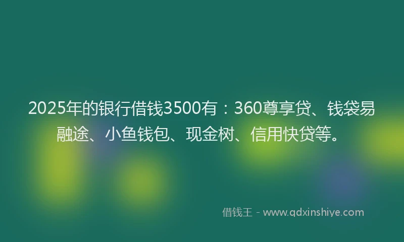 2025年的银行借钱3500有：360尊享贷、钱袋易融途、小鱼钱包、现金树、信用快贷等。