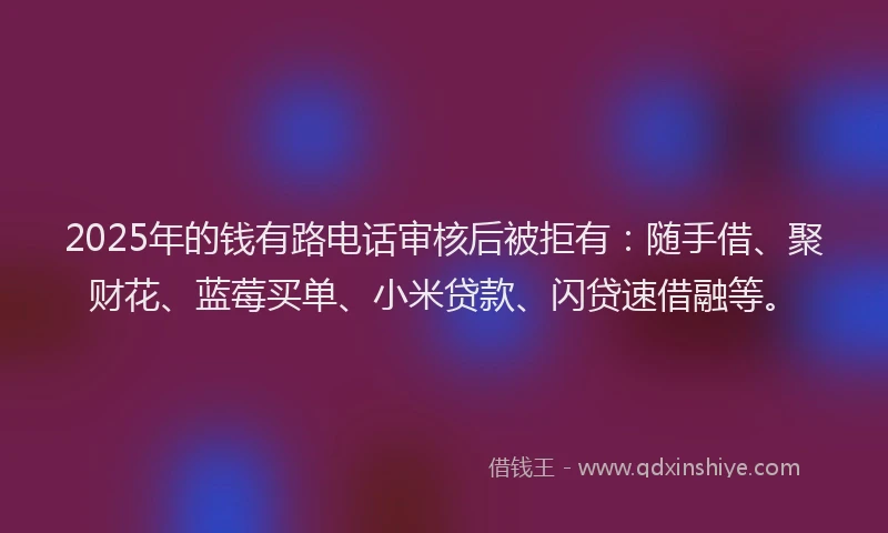 2025年的钱有路电话审核后被拒有：随手借、聚财花、蓝莓买单、小米贷款、闪贷速借融等。
