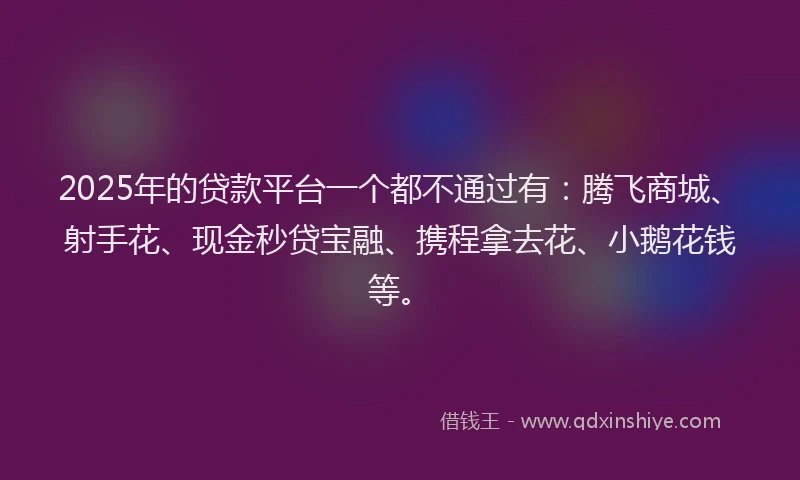 2025年的贷款平台一个都不通过有：腾飞商城、射手花、现金秒贷宝融、携程拿去花、小鹅花钱等。