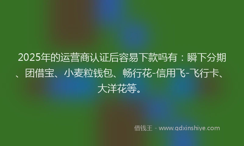 2025年的运营商认证后容易下款吗有：瞬下分期、团借宝、小麦粒钱包、畅行花-信用飞-飞行卡、大洋花等。