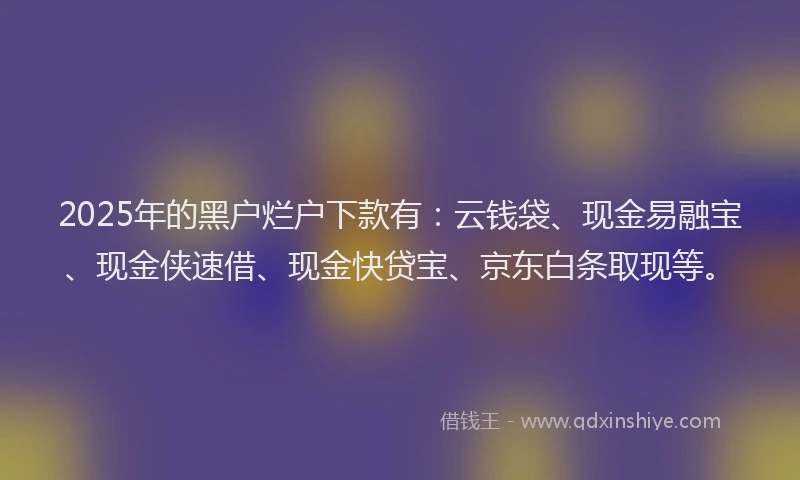 2025年的黑户烂户下款有：云钱袋、现金易融宝、现金侠速借、现金快贷宝、京东白条取现等。