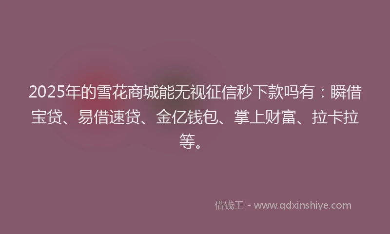 2025年的雪花商城能无视征信秒下款吗有：瞬借宝贷、易借速贷、金亿钱包、掌上财富、拉卡拉等。