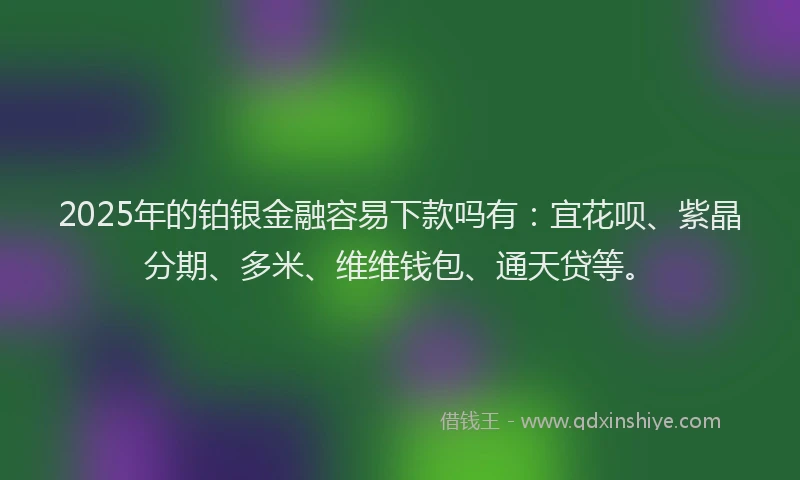 2025年的铂银金融容易下款吗有：宜花呗、紫晶分期、多米、维维钱包、通天贷等。