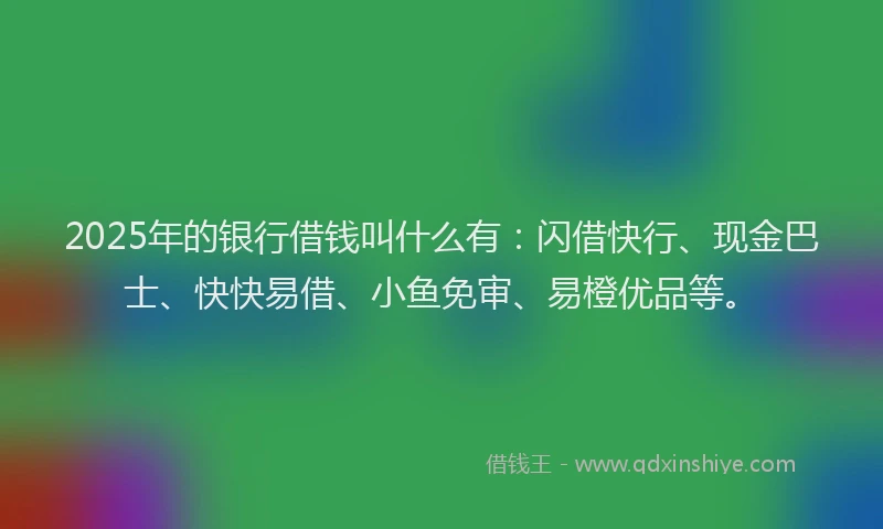 2025年的银行借钱叫什么有：闪借快行、现金巴士、快快易借、小鱼免审、易橙优品等。
