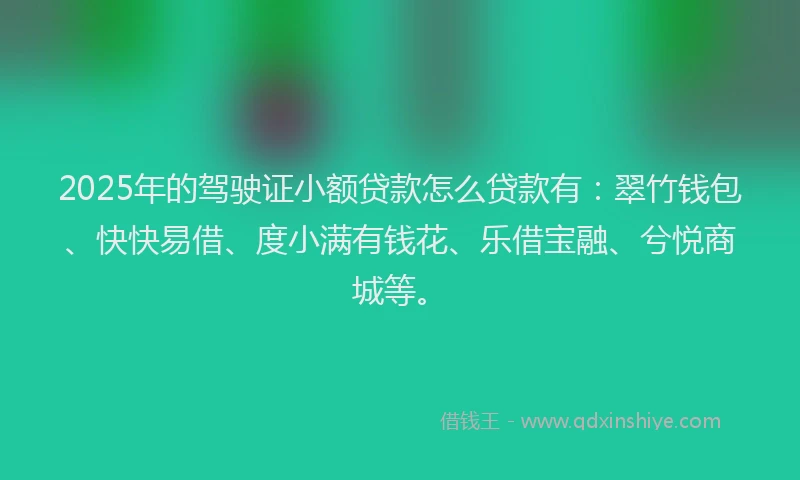 2025年的驾驶证小额贷款怎么贷款有：翠竹钱包、快快易借、度小满有钱花、乐借宝融、兮悦商城等。
