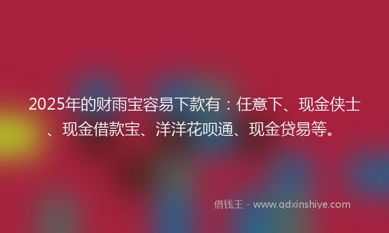 2025年的财雨宝容易下款有：任意下、现金侠士、现金借款宝、洋洋花呗通、现金贷易等。