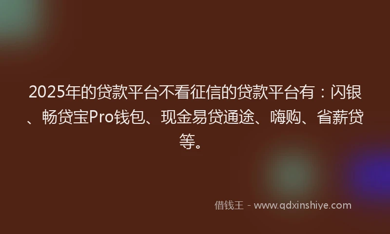 2025年的贷款平台不看征信的贷款平台有：闪银、畅贷宝Pro钱包、现金易贷通途、嗨购、省薪贷等。