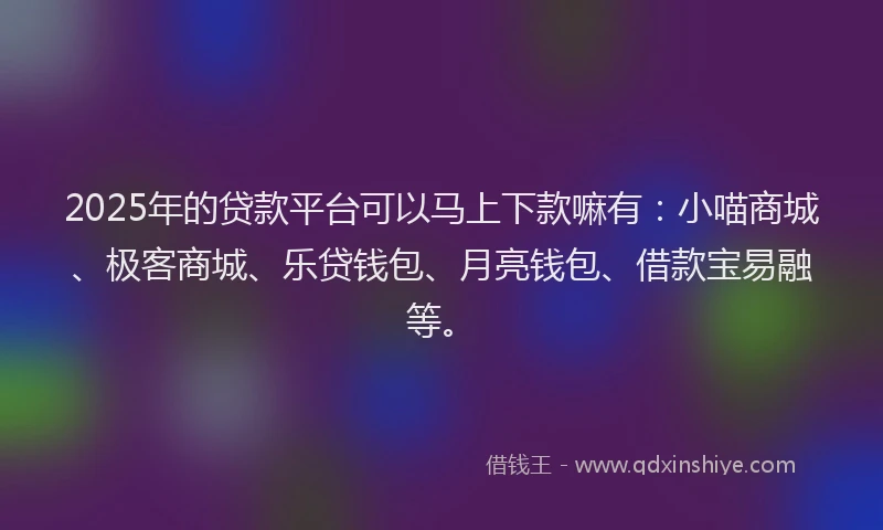 2025年的贷款平台可以马上下款嘛有：小喵商城、极客商城、乐贷钱包、月亮钱包、借款宝易融等。