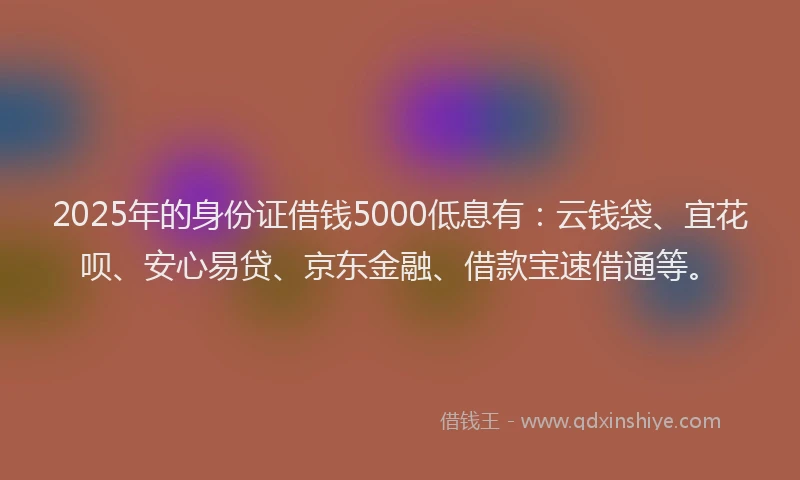 2025年的身份证借钱5000低息有：云钱袋、宜花呗、安心易贷、京东金融、借款宝速借通等。