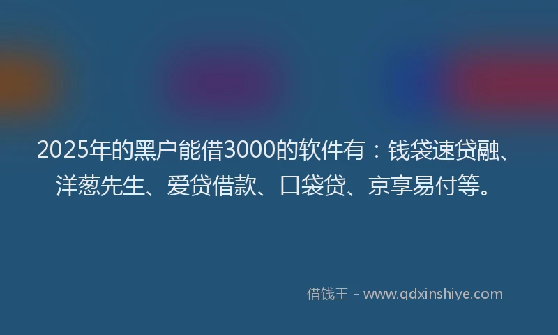 2025年的黑户能借3000的软件有：钱袋速贷融、洋葱先生、爱贷借款、口袋贷、京享易付等。