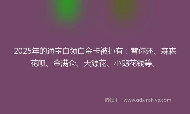 2025年的通宝白领白金卡被拒有：替你还、森森花呗、金满仓、天源花、小鹅花钱等。