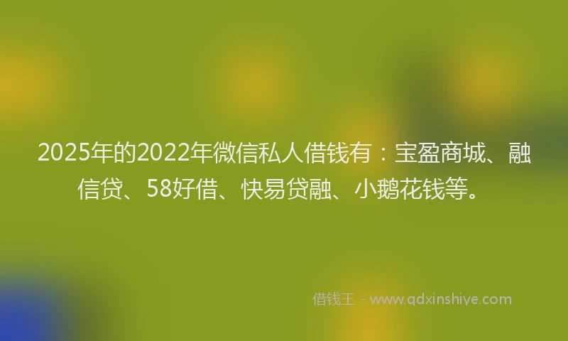 2025年的2022年微信私人借钱有：宝盈商城、融信贷、58好借、快易贷融、小鹅花钱等。