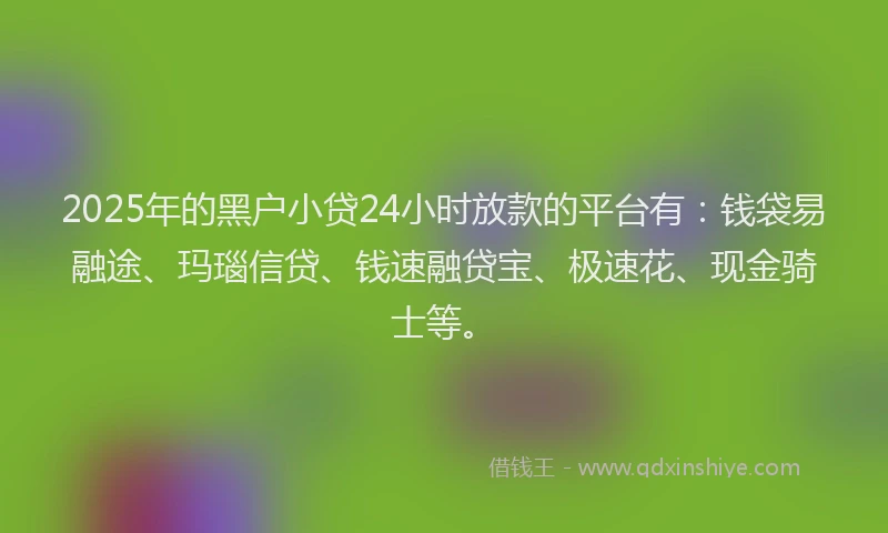 2025年的黑户小贷24小时放款的平台有：钱袋易融途、玛瑙信贷、钱速融贷宝、极速花、现金骑士等。
