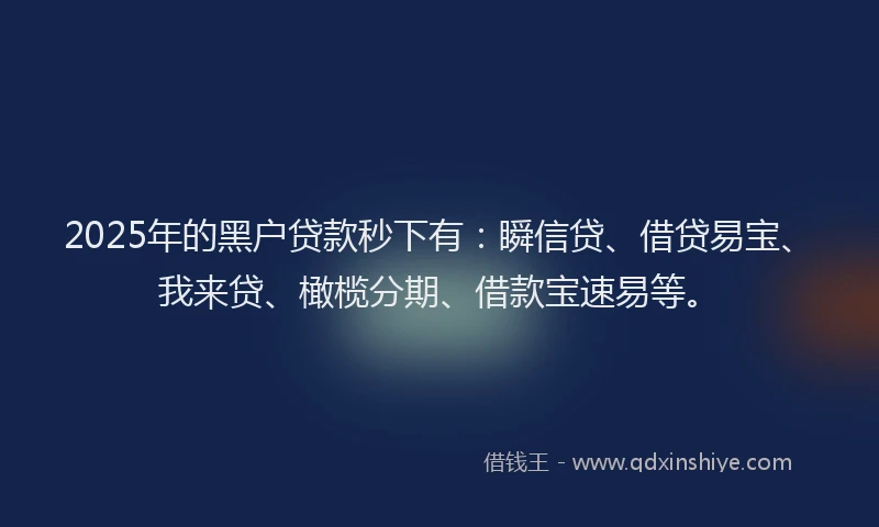 2025年的黑户贷款秒下有：瞬信贷、借贷易宝、我来贷、橄榄分期、借款宝速易等。