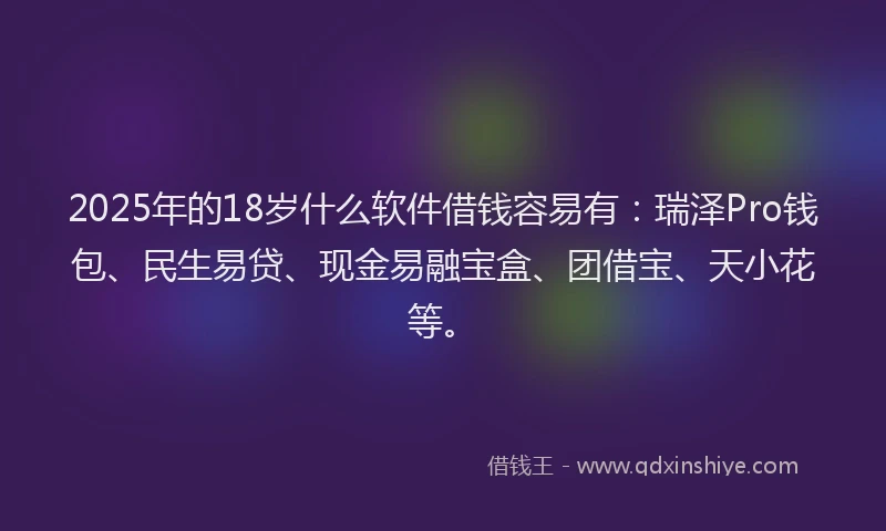 2025年的18岁什么软件借钱容易有：瑞泽Pro钱包、民生易贷、现金易融宝盒、团借宝、天小花等。