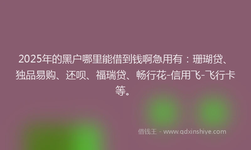 2025年的黑户哪里能借到钱啊急用有：珊瑚贷、独品易购、还呗、福瑞贷、畅行花-信用飞-飞行卡等。